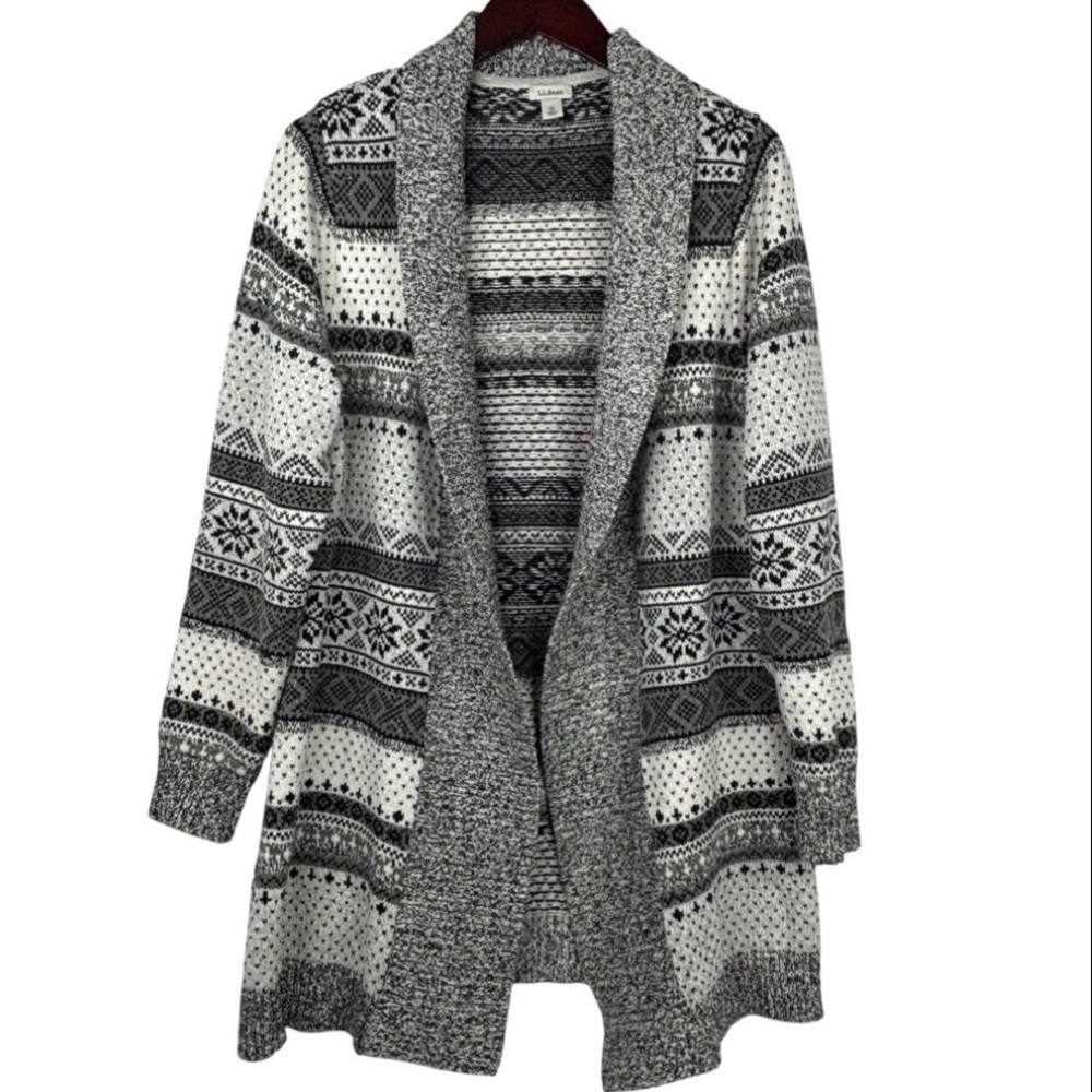 LL Bean White & Grey Knit Nordic Fair Isle Snowflake Pattern Open Cardigan XL